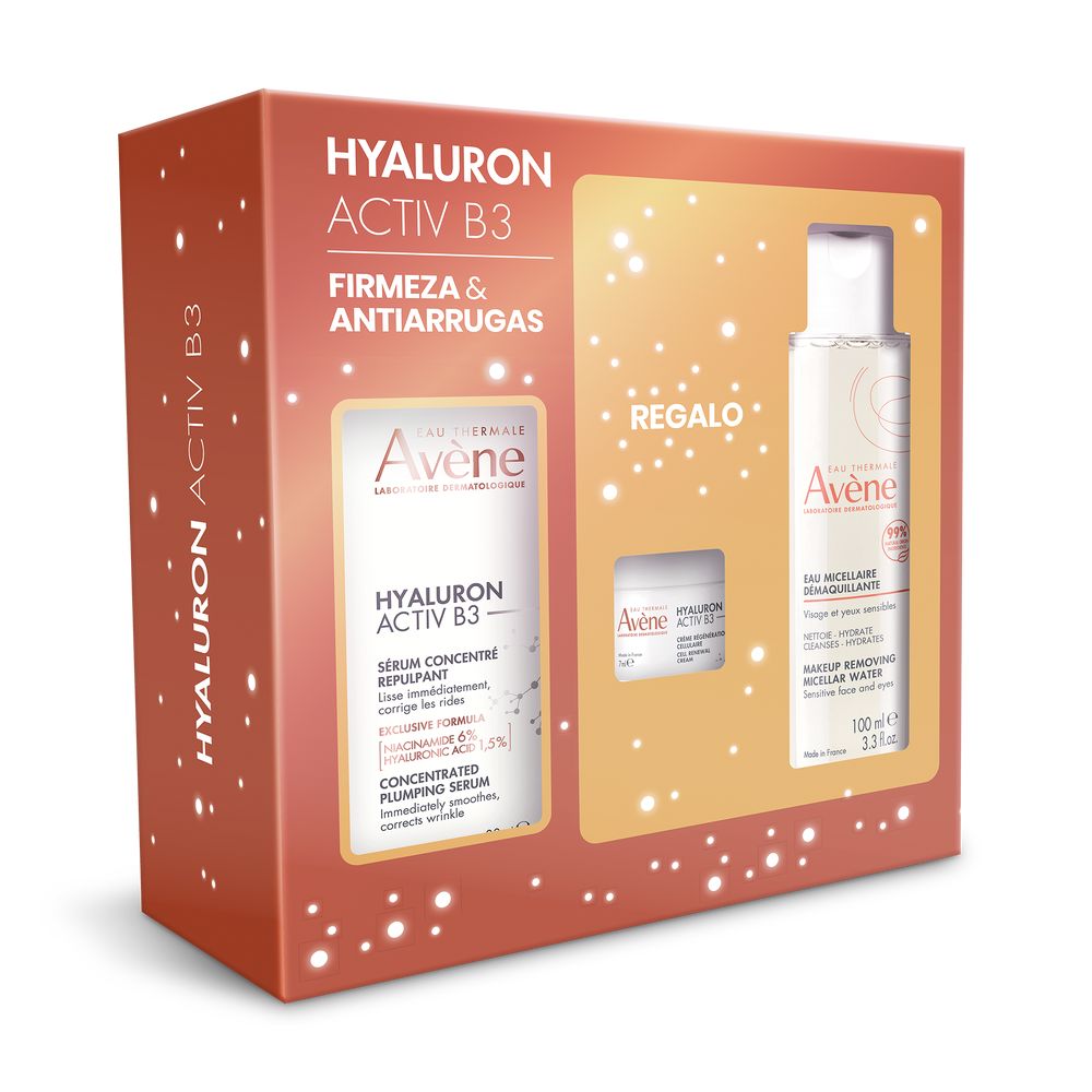 Avène Modern, clean cardboard skincare set in orange and white with rectangular box, product images, white text and sparkle dots