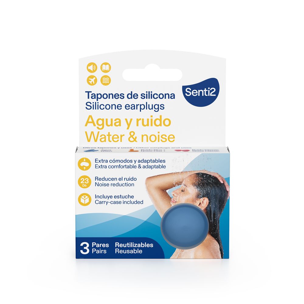 Senti2 moldable silicone earplugs in blue, white, and yellow with compact white carry case