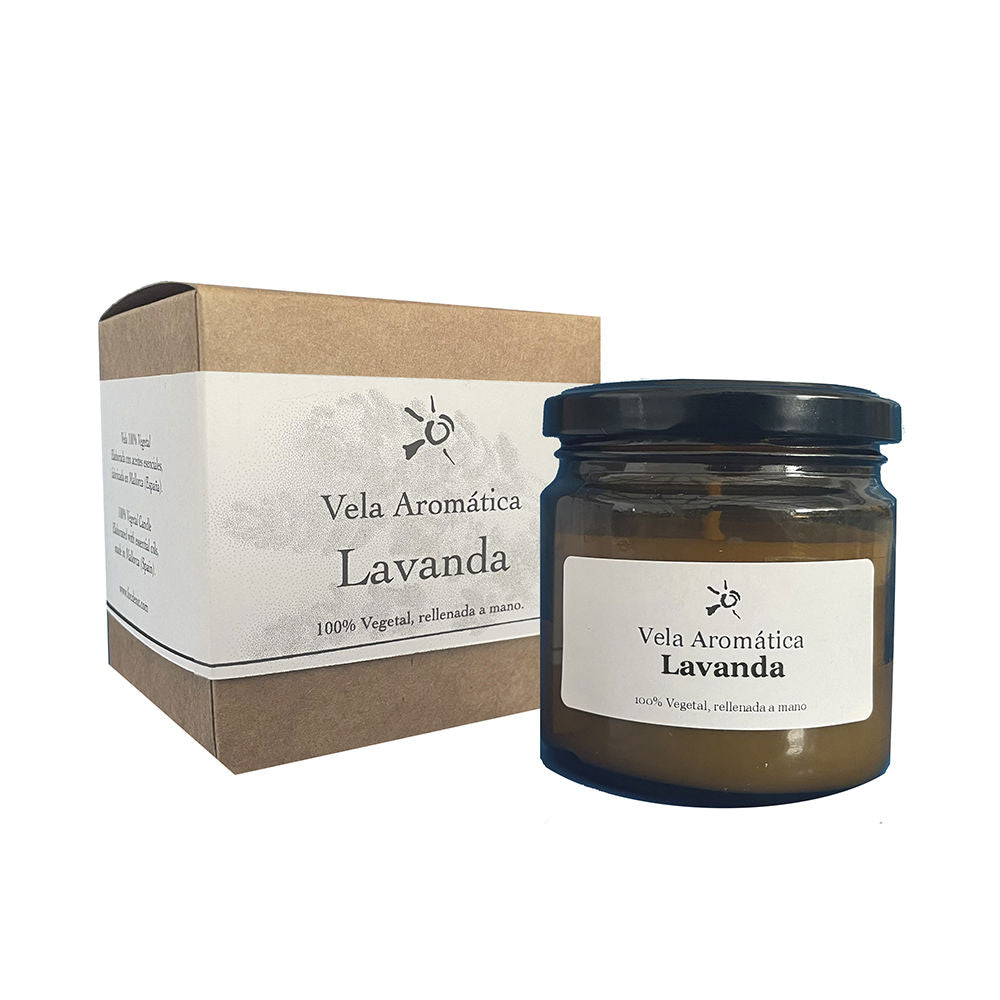Minimalist brown glass jar candle with lid, white label text, black cardboard box, Focdenit