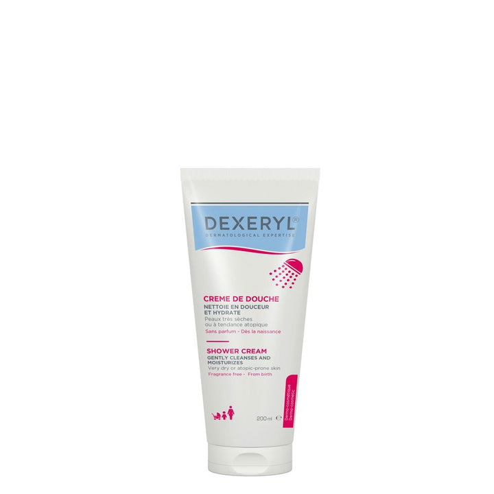 Bottle of Dexeryl Shower Cream for very dry, sensitive skin; fragrance‑free, soap‑free