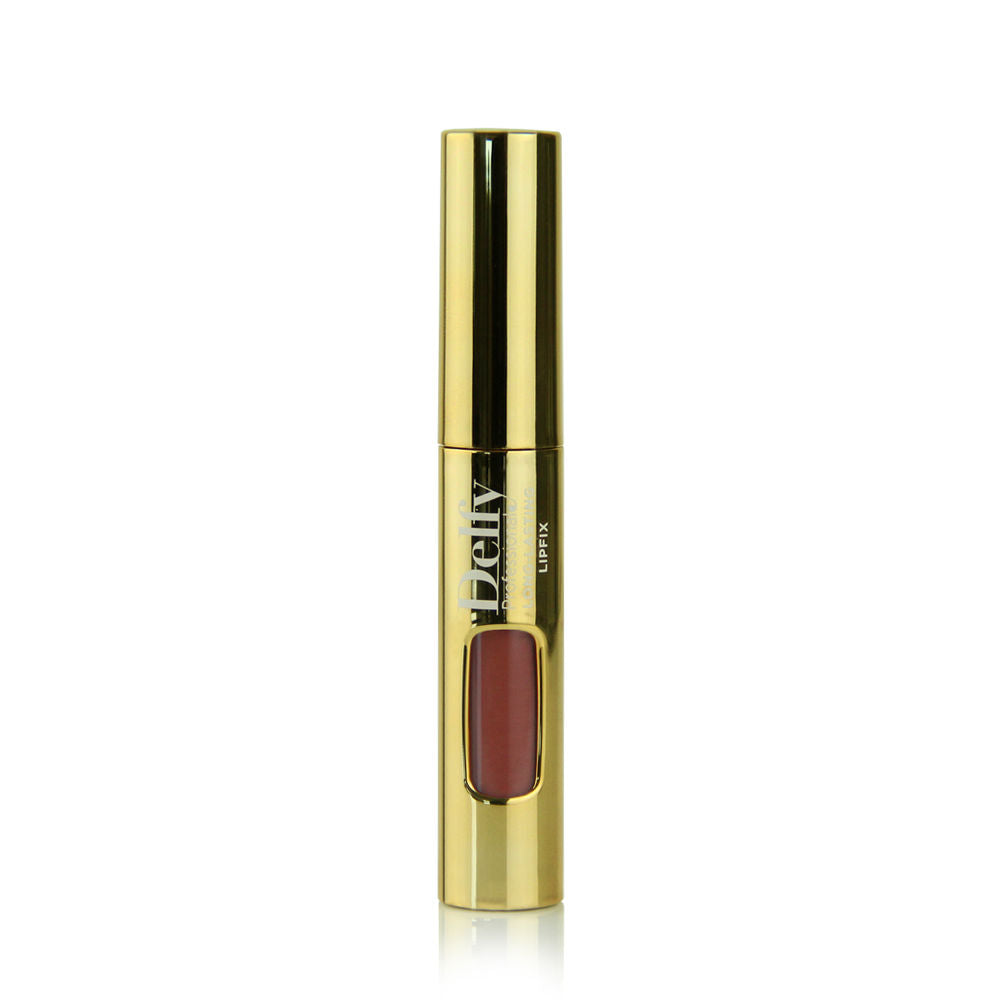 Delfy Sleek cylindrical liquid lipstick with gold reflective cap, transparent window revealing vivid red shade