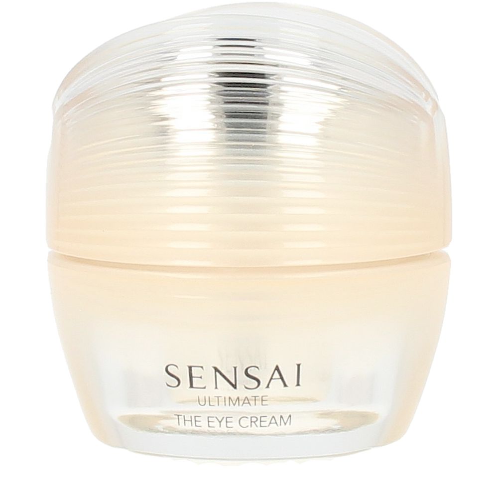 Sensai Beige and clear plastic eye cream container with ribbed lid and rounded minimalist silhouette