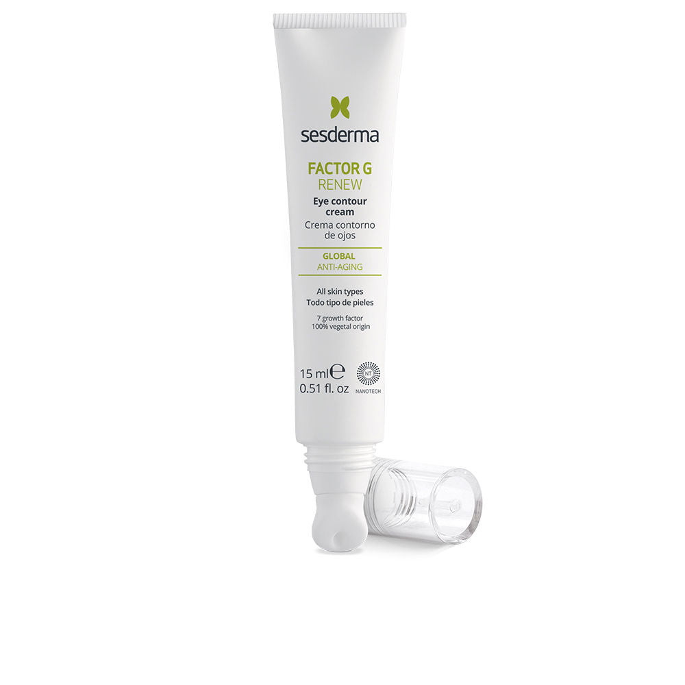 White plastic eye contour cream tube with twist-off clear cap, rounded applicator tip, printed text — Sesderma