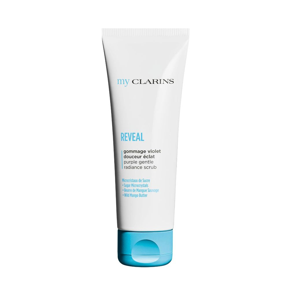 White-and-blue gel-to-cream scrub in plastic tube with flip-top cap, minimalist design, Clarins