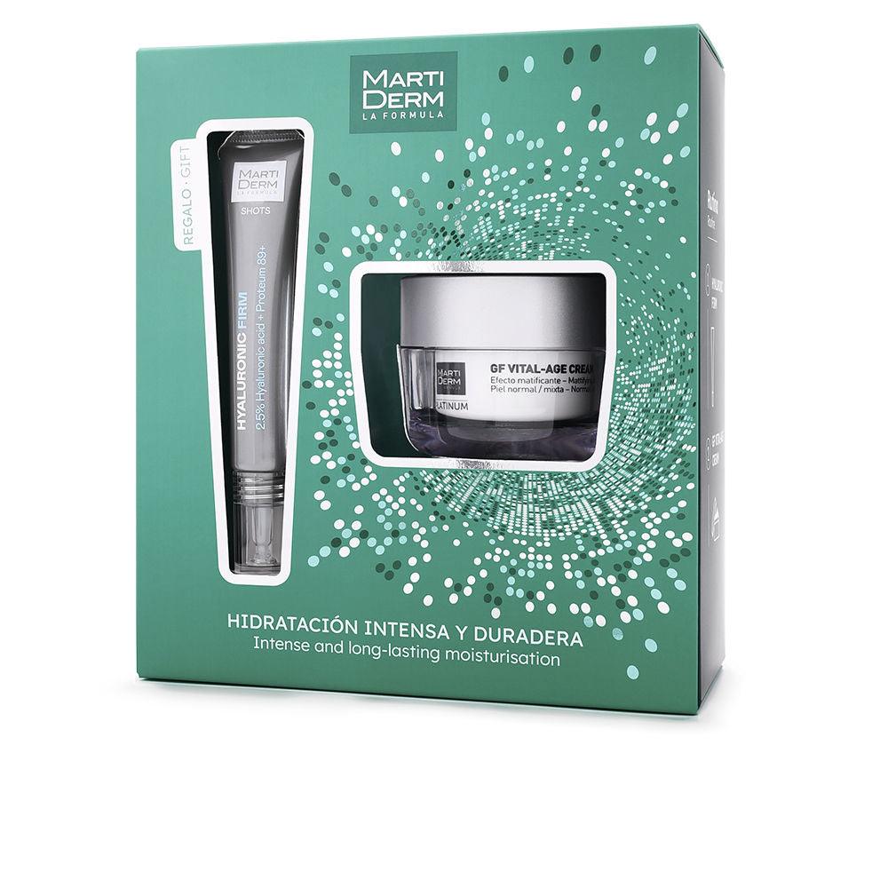 Martiderm Green skincare set in cardboard box with window, dot pattern, cream jar and serum bottle visible.
