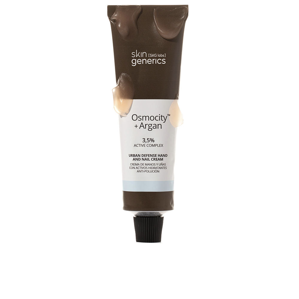 Skin Generics Tube of brown-and-white plastic hand cream with black screw cap, visible cream texture and printed text