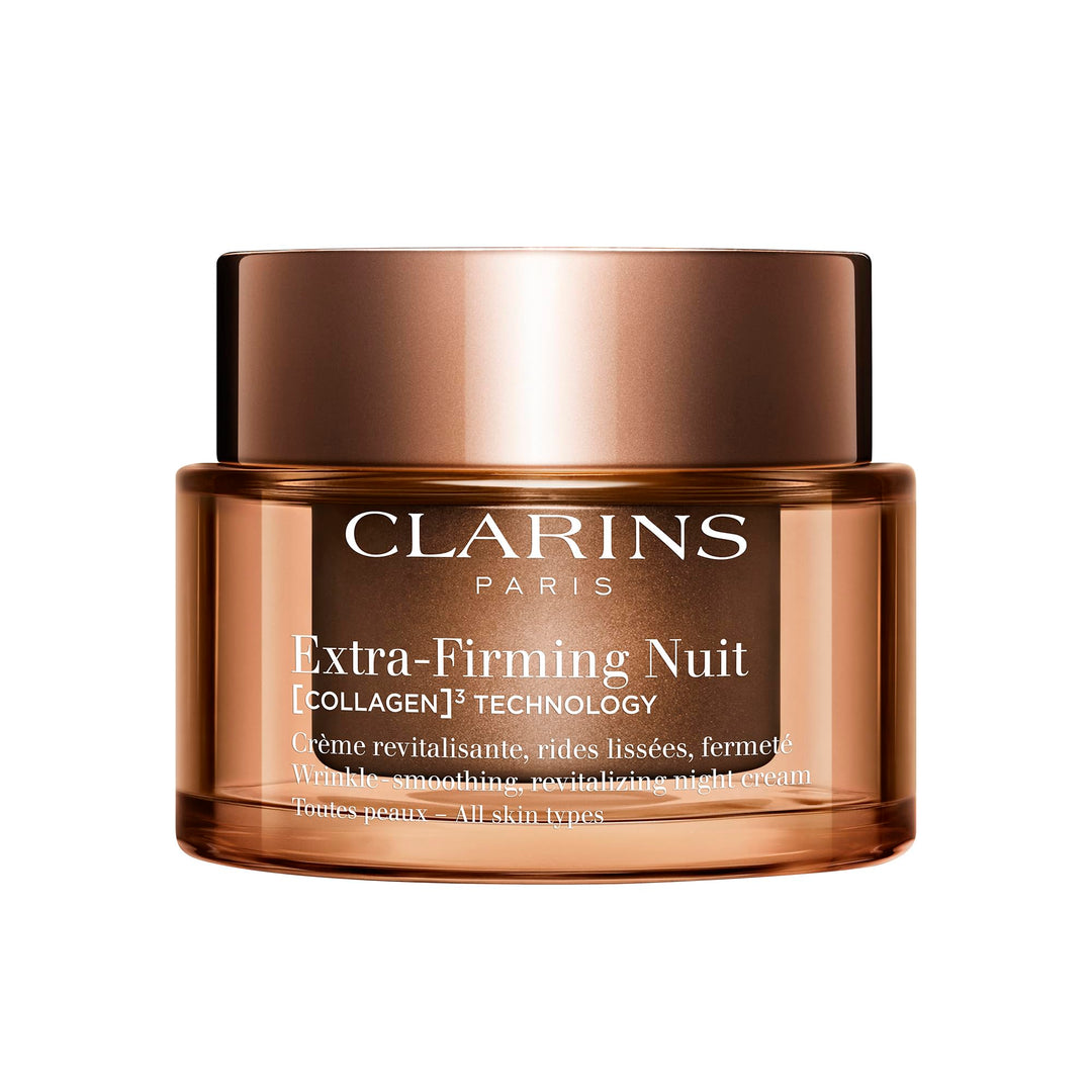 Jar of Clarins nighttime firming cream on neutral background, luxurious texture visible