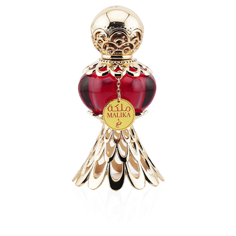 Red glass perfume bottle with ornate gold cap, scalloped gold base and hanging tag, Khadlaj.
