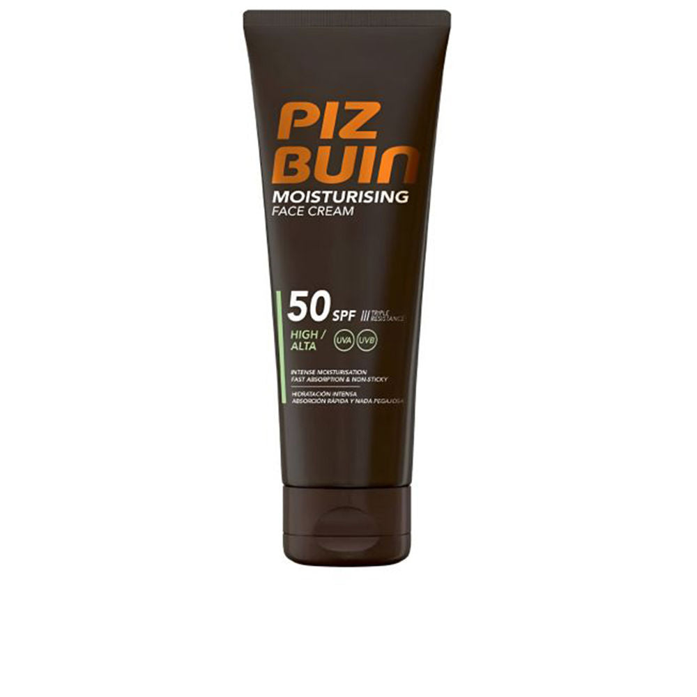 Tube of Piz Buin Moisturising Facial Cream SPF 50 on white background