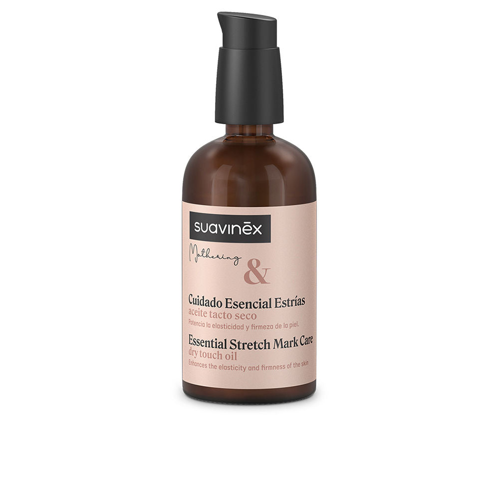 Suavinex Brown and beige plastic pump bottle with black cap, minimalist label and clear product text