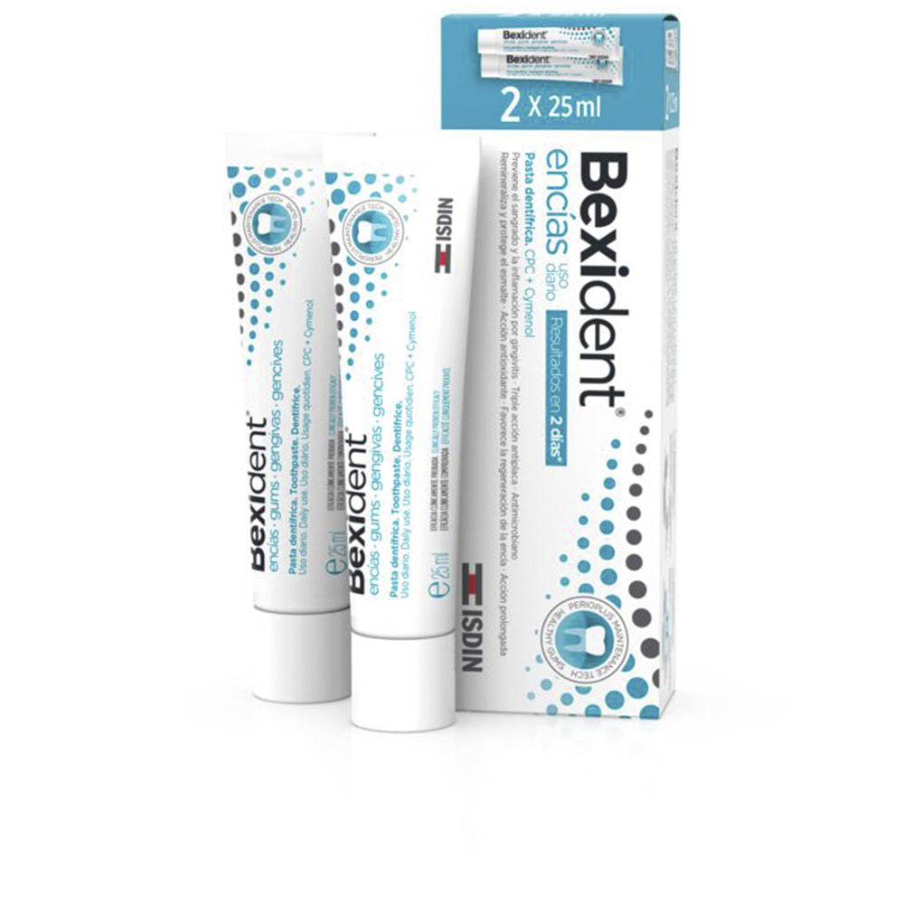 Isdin Two white and blue toothpaste tubes with dotted pattern and black caps beside matching cardboard box
