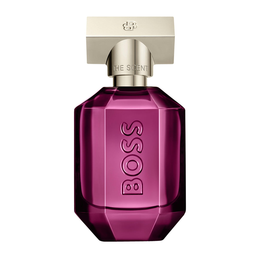 Faceted purple glass perfume bottle, frosted gold cap, 30 ml, amber‑musk scent