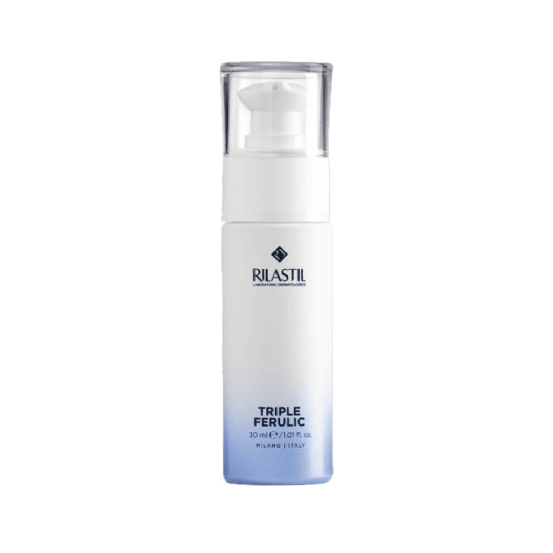 Rilastil Dual-phase bi-gel serum bottle with clear and pearlescent layers, silver pump and minimalist label