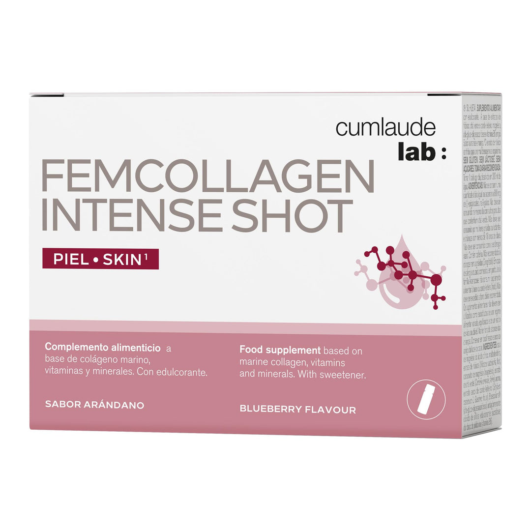 Cumlaude Lab Seven blueberry-colored vials of hydrolyzed marine collagen arranged in clean row