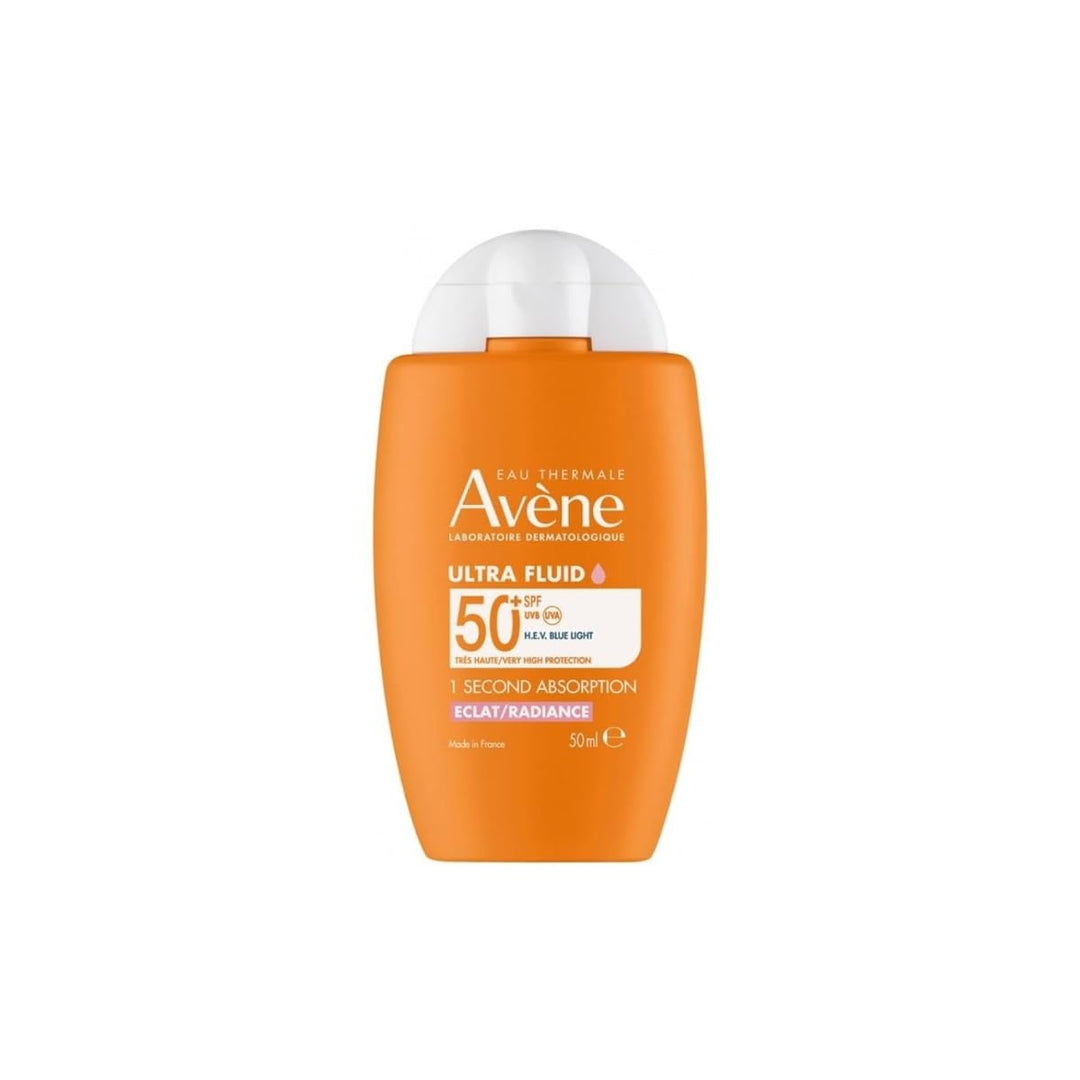 Avène Lightweight white sunscreen tube with orange logo and flip cap, smooth fluid texture visible on fingertip