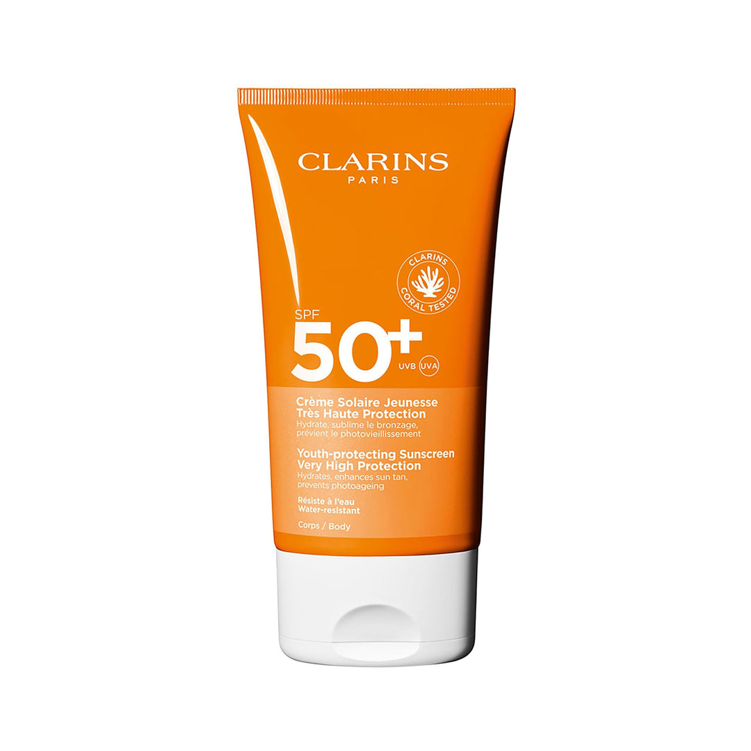 Clarins SPF 50+ sunscreen tube; lightweight, water‑resistant high protection