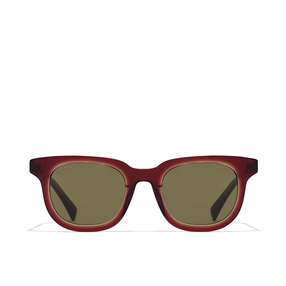 Dark red plastic square sunglasses with rectangular green lenses and full-rim frame, Hawkers