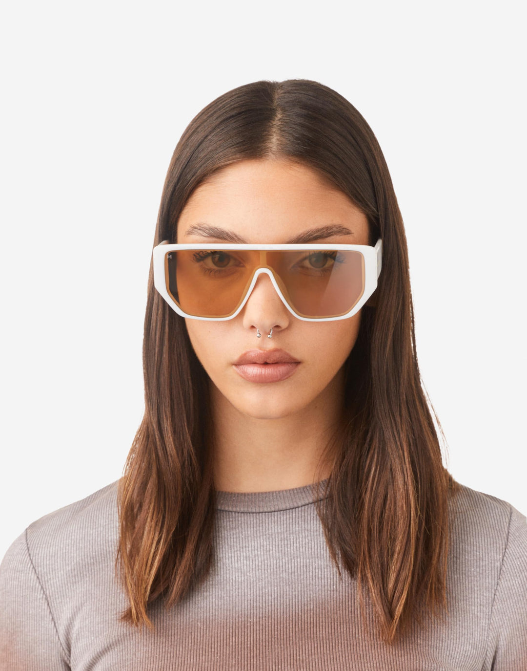Hawkers futuristic rectangular sunglasses with white frame, single continuous brown lens, angular flat-top cutout bridge