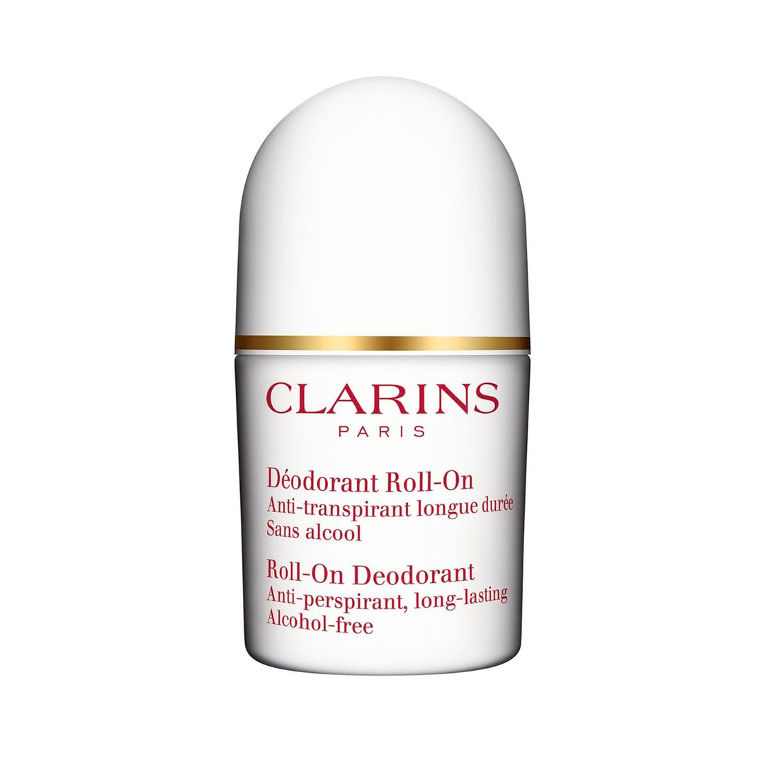 Clarins alcohol-free roll-on deodorant with botanical extracts in simple white packaging