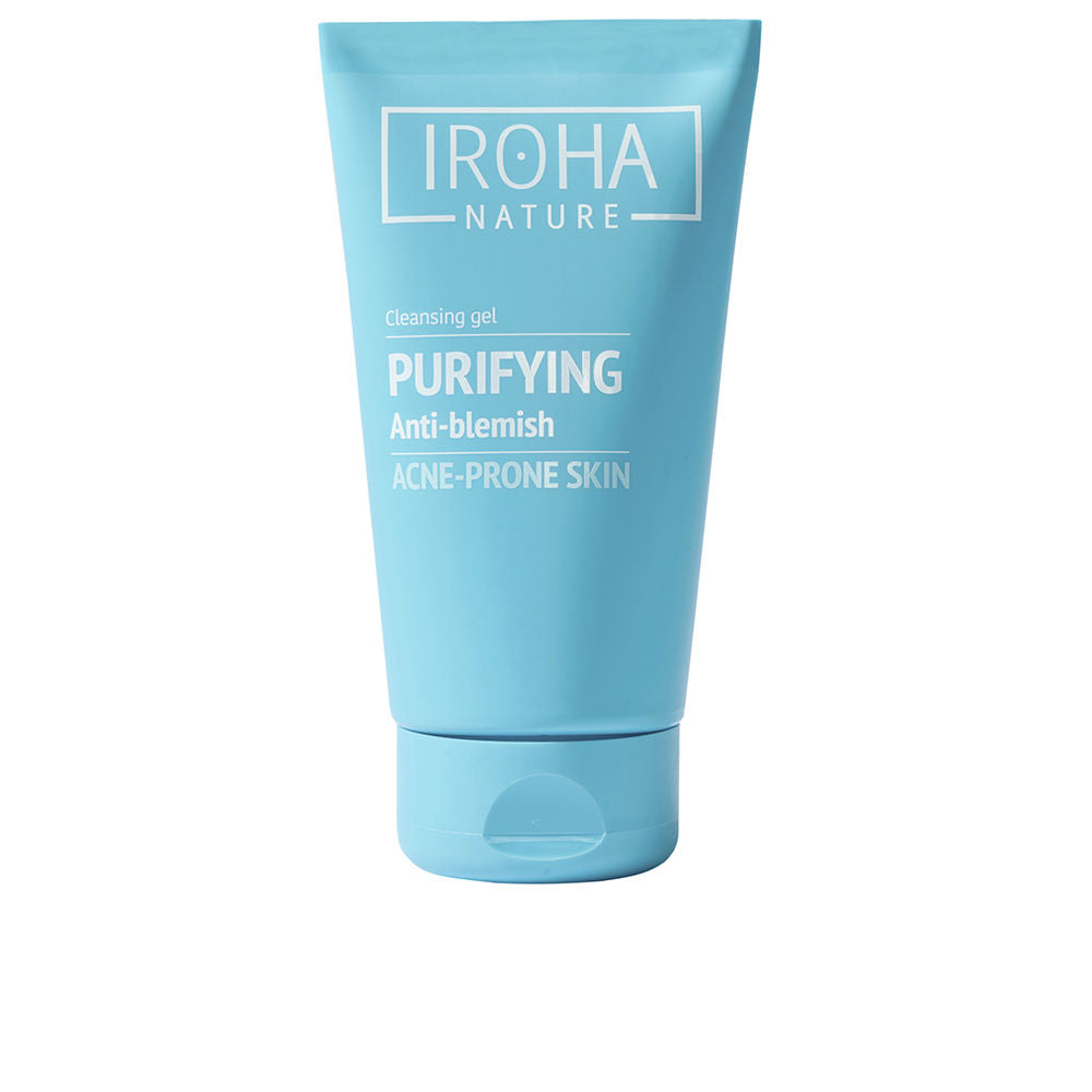Iroha light blue plastic cleansing gel tube with flip-top cap, matte finish, white text and logo.