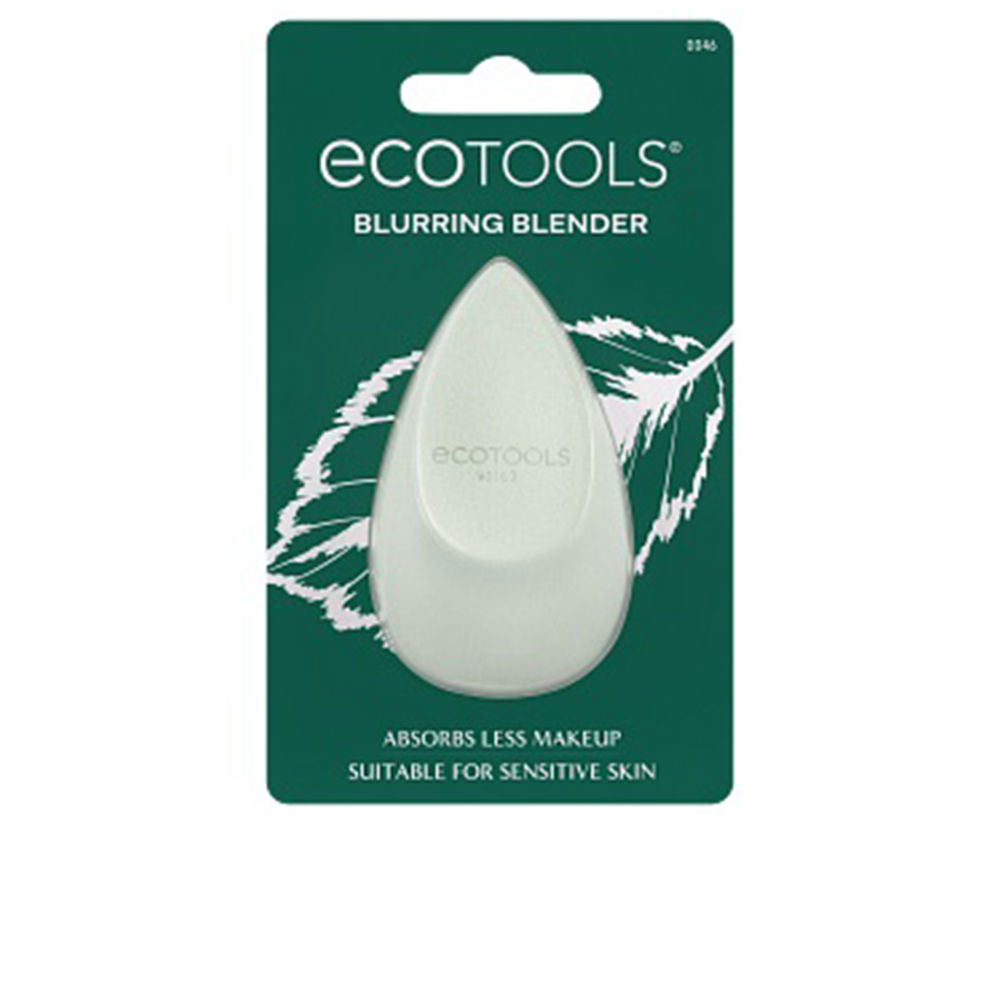 Ecotools White teardrop makeup sponge with smooth texture, compact size, embossed brand logo, expert blending tool
