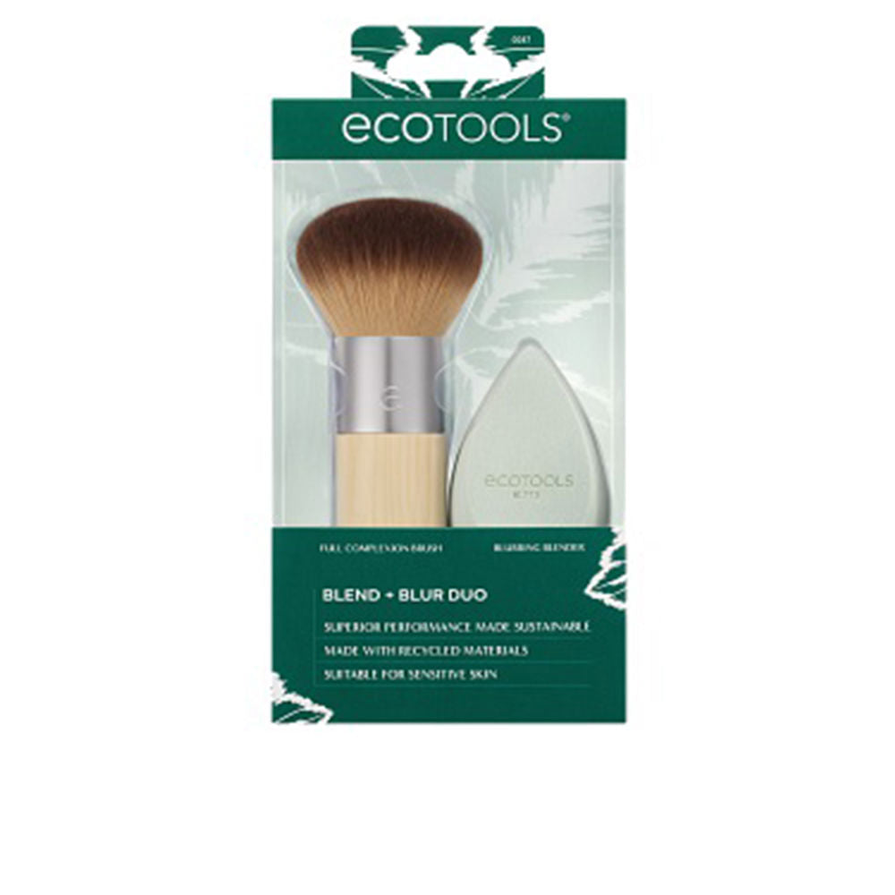 Ecotools two-piece complexion set: wooden-handled dense brush with metal ferrule and teardrop sponge