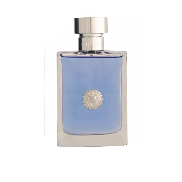 Glass bottle of Versace Pour Homme EDT with clear liquid and minimalist styling