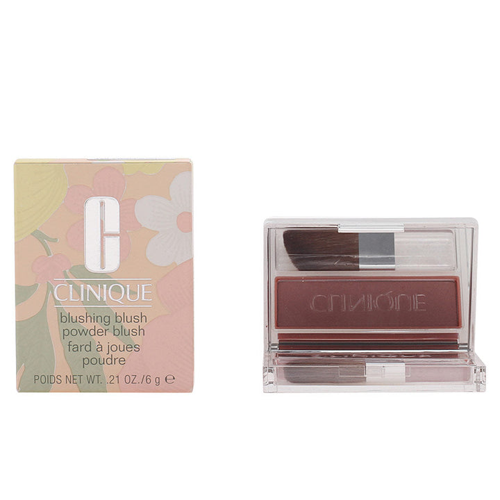 Clinique Beige and light brown powder blush in silver rectangular compact with small brush, minimalist plastic design