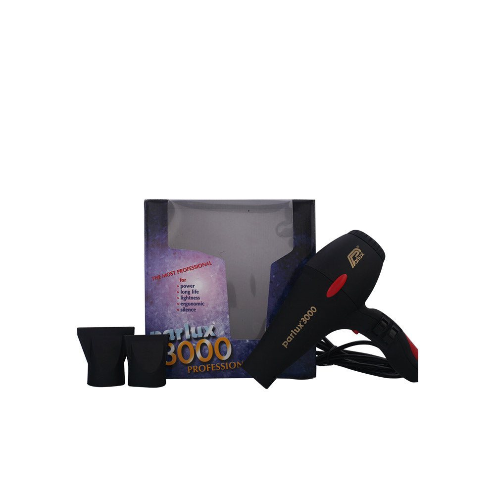 Matte black professional hair dryer with red accents and two nozzles, 3 m cable