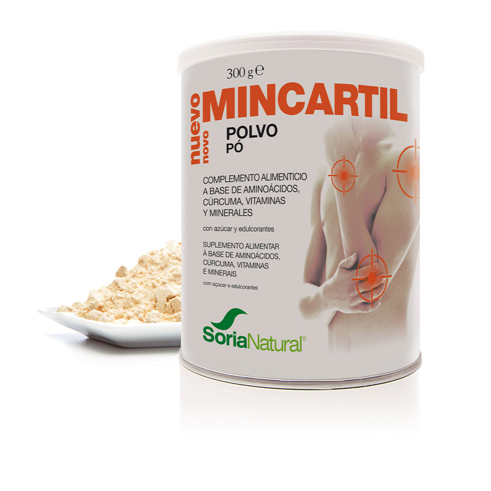 Soria Natural Clean metal canister powder supplement with white, orange, and green label; plate of powder and joint target image