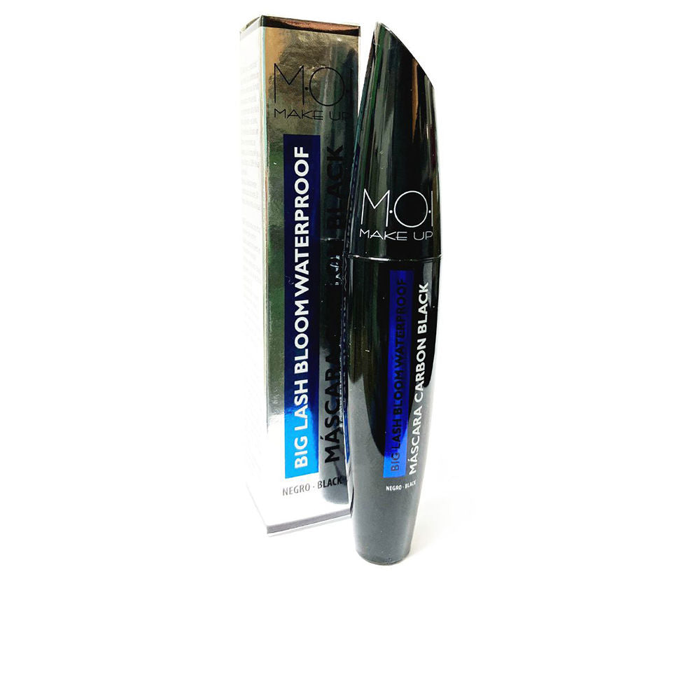 Moi Black waterproof mascara in a curved shiny tube with blue and white printed text accents
