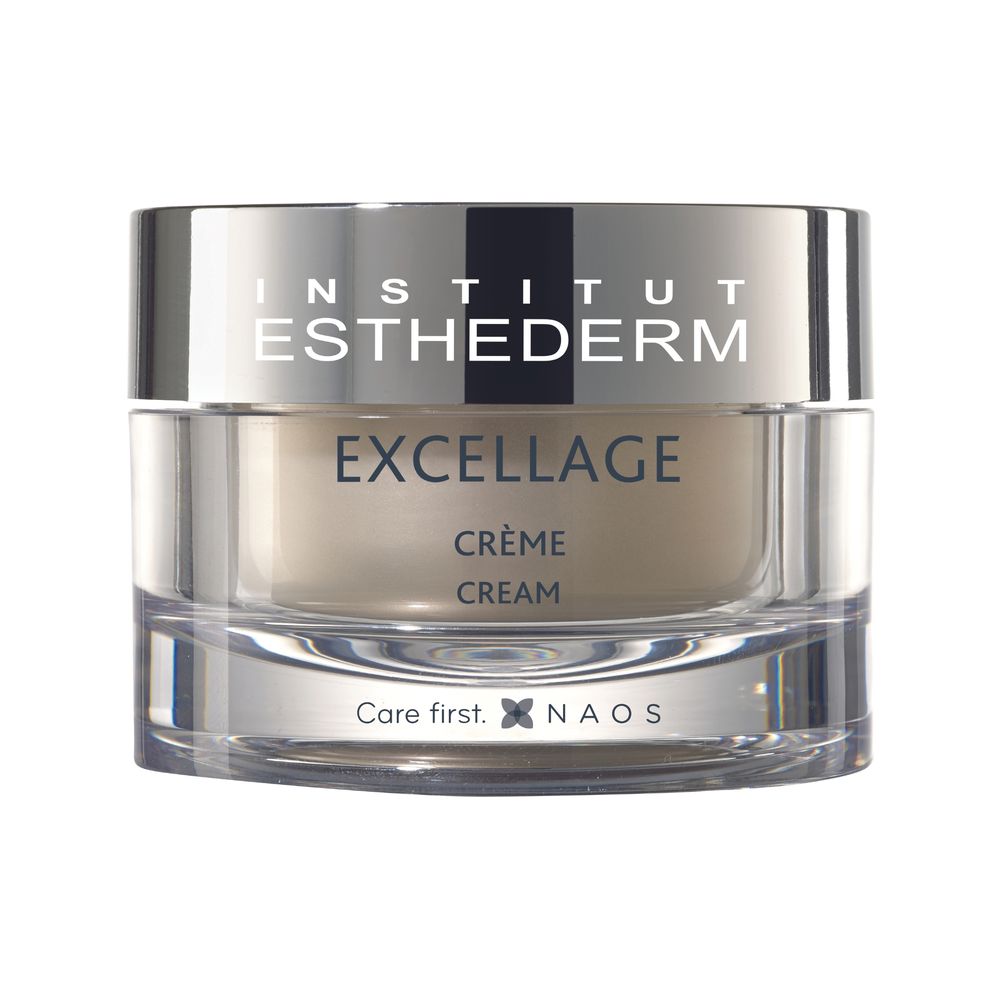 Institut Esthederm Beige cream visible in transparent jar with silver metallic lid and minimalist printed text, Institut Jules