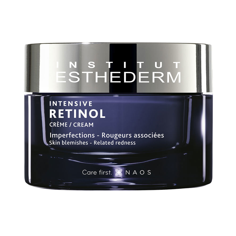 Institut Esthederm Dark blue glass jar with silver screw-on lid, modern minimalist cream container