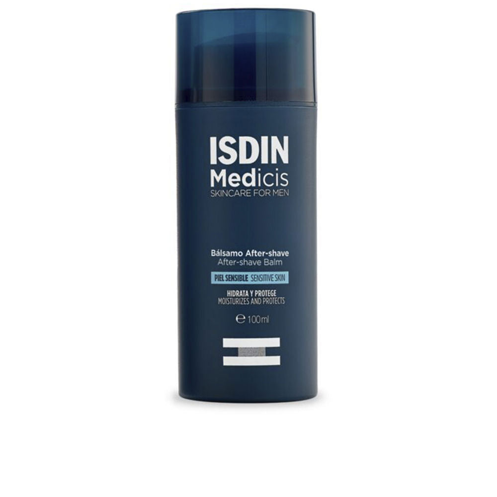 Isdin Dark blue plastic after-shave balm tube with cap and text label, minimalist modern design