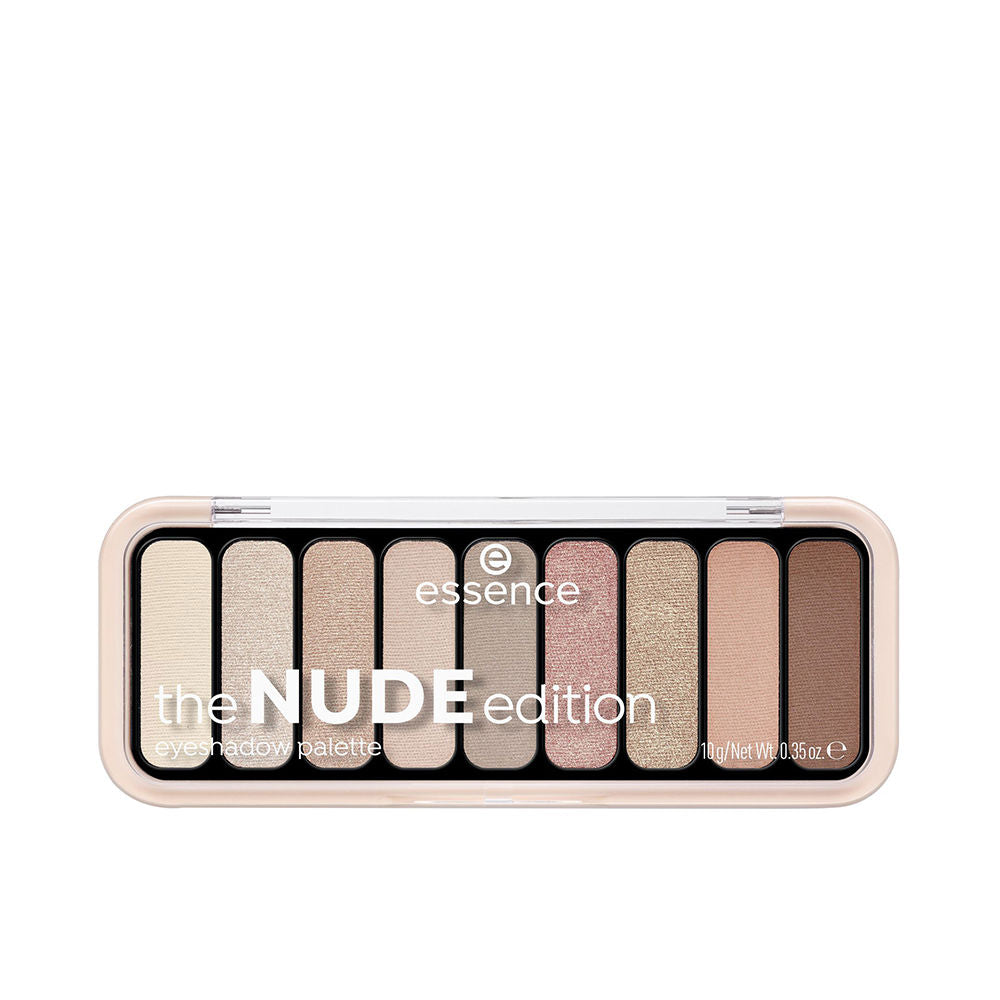 Essence Compact rectangular eyeshadow palette with multiple beige, brown, and pink pans, clear lid, matte and shimmer finishes