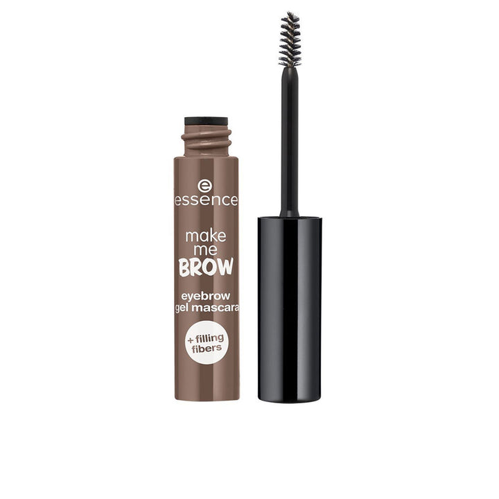 Essence Brown and black eyebrow gel mascara in cylindrical tube with small round brush head and printed text
