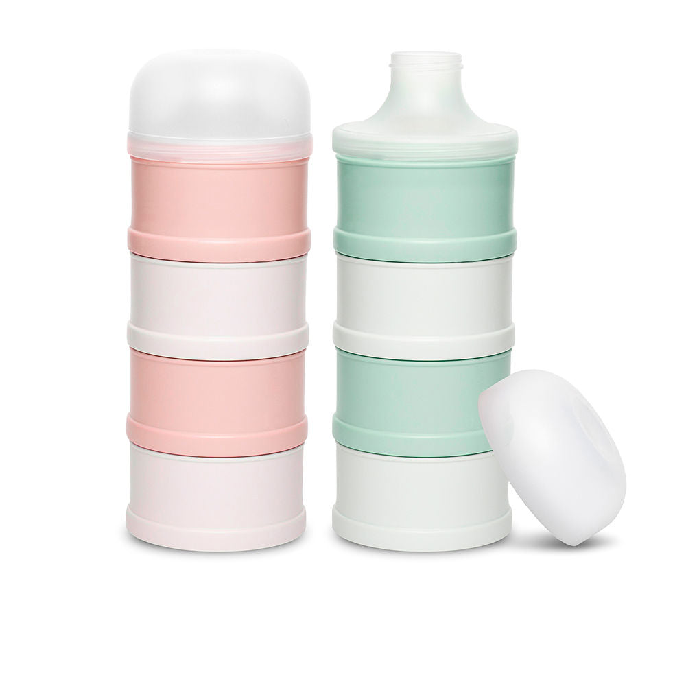 Suavinex HYGGE BABY four‑compartment powder milk dispenser with spout and screw lid