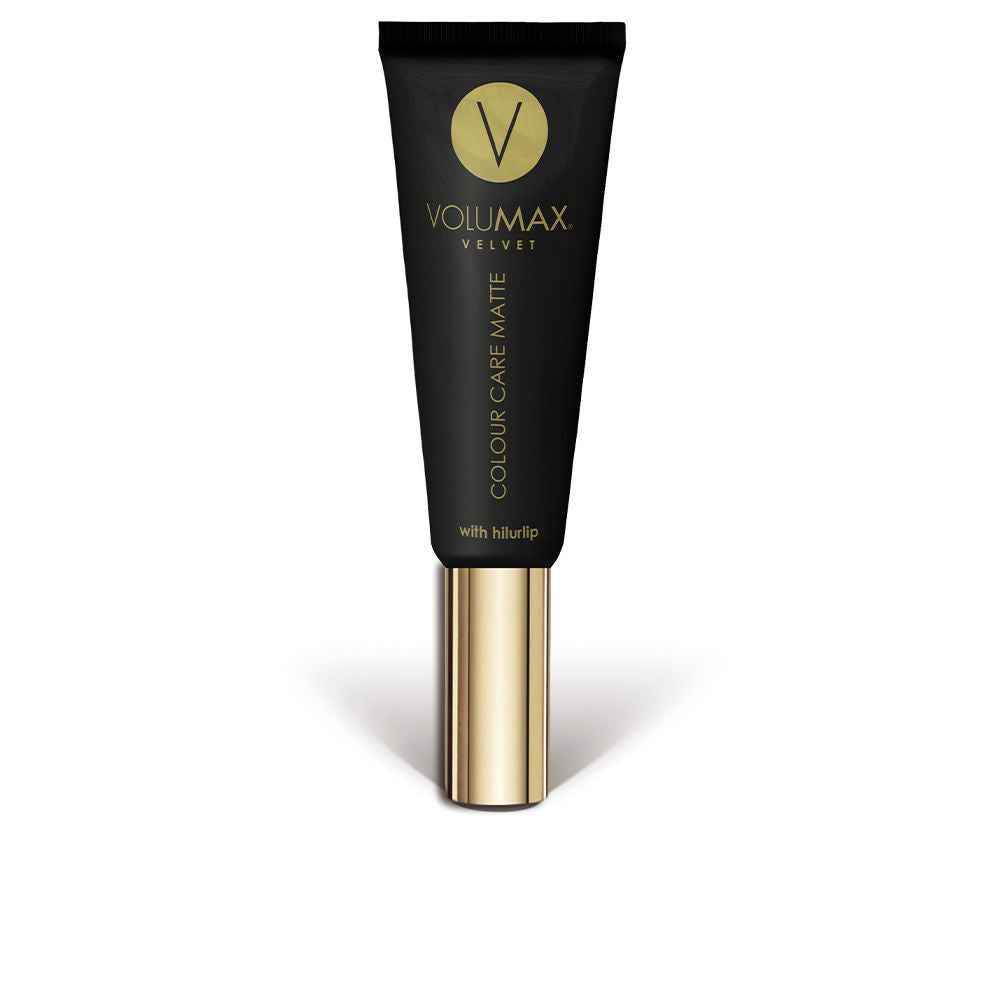 Volumax Black and gold matte plastic cosmetic tube with screw cap, sleek modern profile and rosy swatch