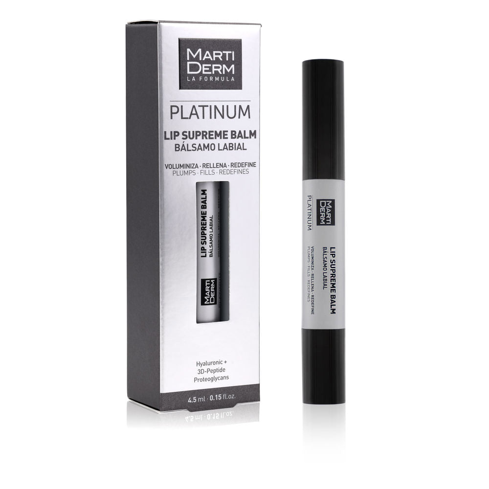 Martiderm Minimalist cylindrical lip balm with black cap, white label, boxed with cutout window, English and Spanish text