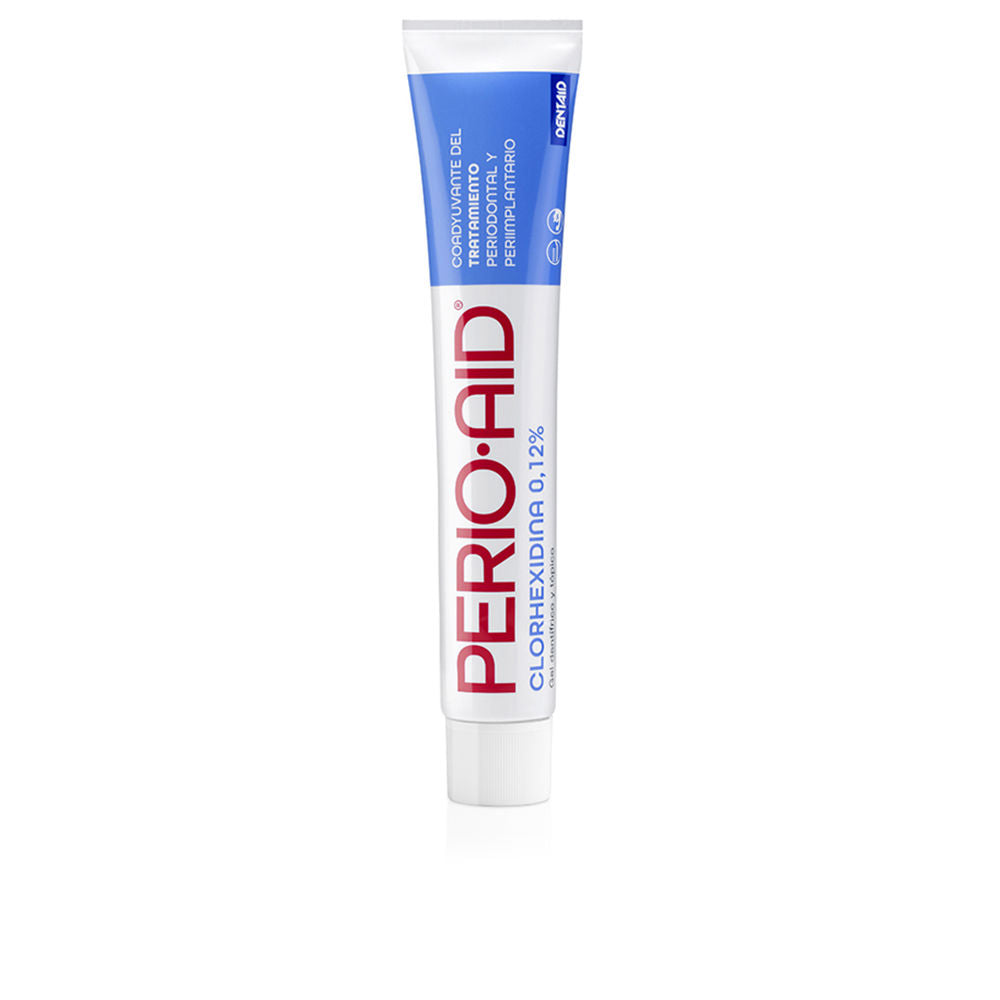 Tube of PERIO·AID 0.12% antiseptic gel toothpaste on white background