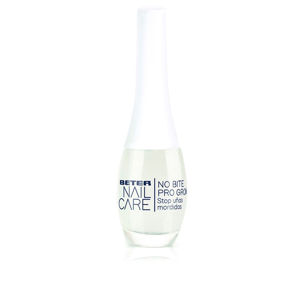 Small transparent glass nail care treatment with printed label and long white plastic cap, Beter