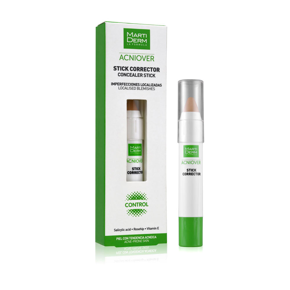 Martiderm Green and white slim concealer stick with transparent cap, plastic applicator and cardboard box window
