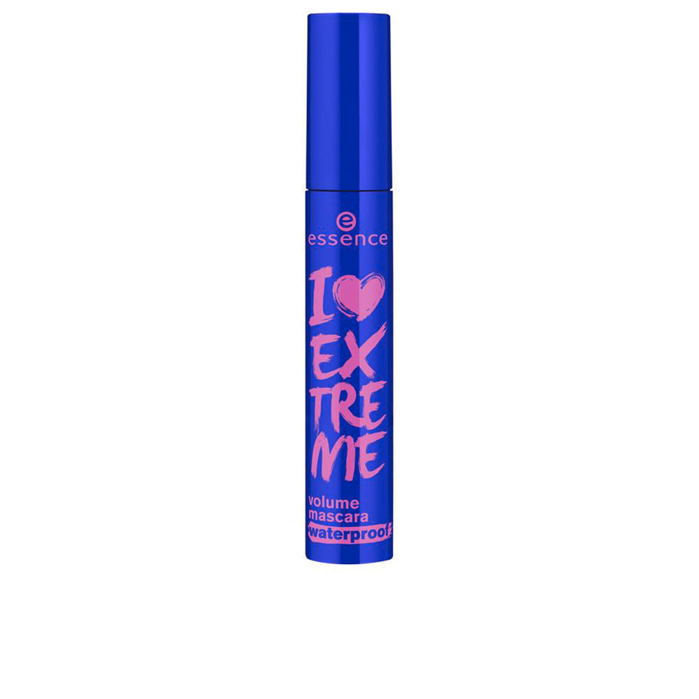 Essence Blue cylindrical mascara tube with pink text, matte finish and compact size, photographed upright
