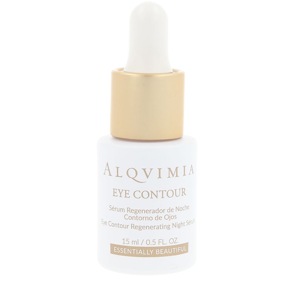 Alqvimia Minimalist cylindrical white and gold eye contour serum bottle with dropper and gold metallic cap