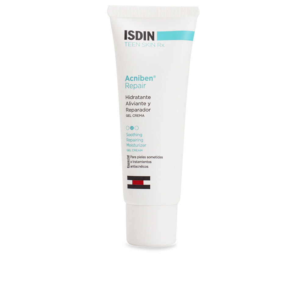 White plastic gel-cream tube with light-blue and black text, flip-top cap, minimalist clinical design, Isdin