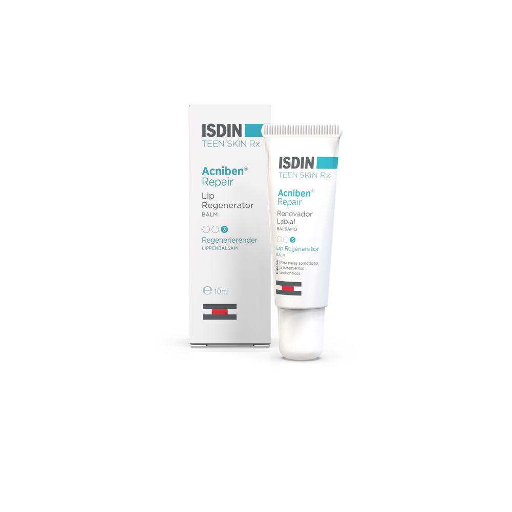 Isdin White plastic lip balm tube and cardboard box with blue and black text accents, minimalist clinical design, 10ml
