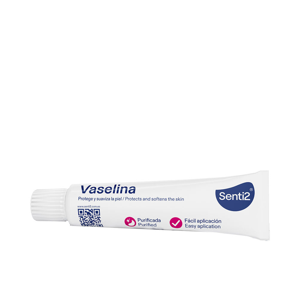 Senti2-branded white Vaseline tube in minimalist plastic, screw cap, visible QR code on label.