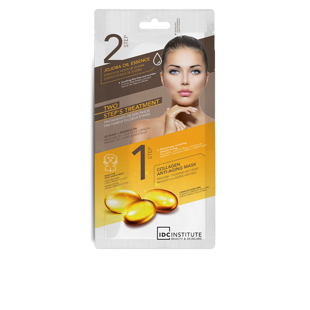 IDC Institute Brown, yellow and white two-step collagen face mask in plastic packaging, dual-layer illustration and capsule graphic