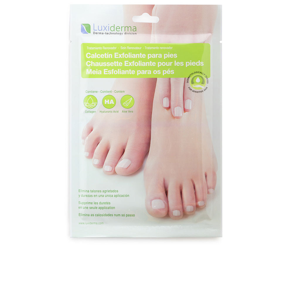 Luxiderma Resealable plastic pouch showing white and green exfoliating foot socks, icons for collagen, hyaluronic acid, aloe vera, feet image
