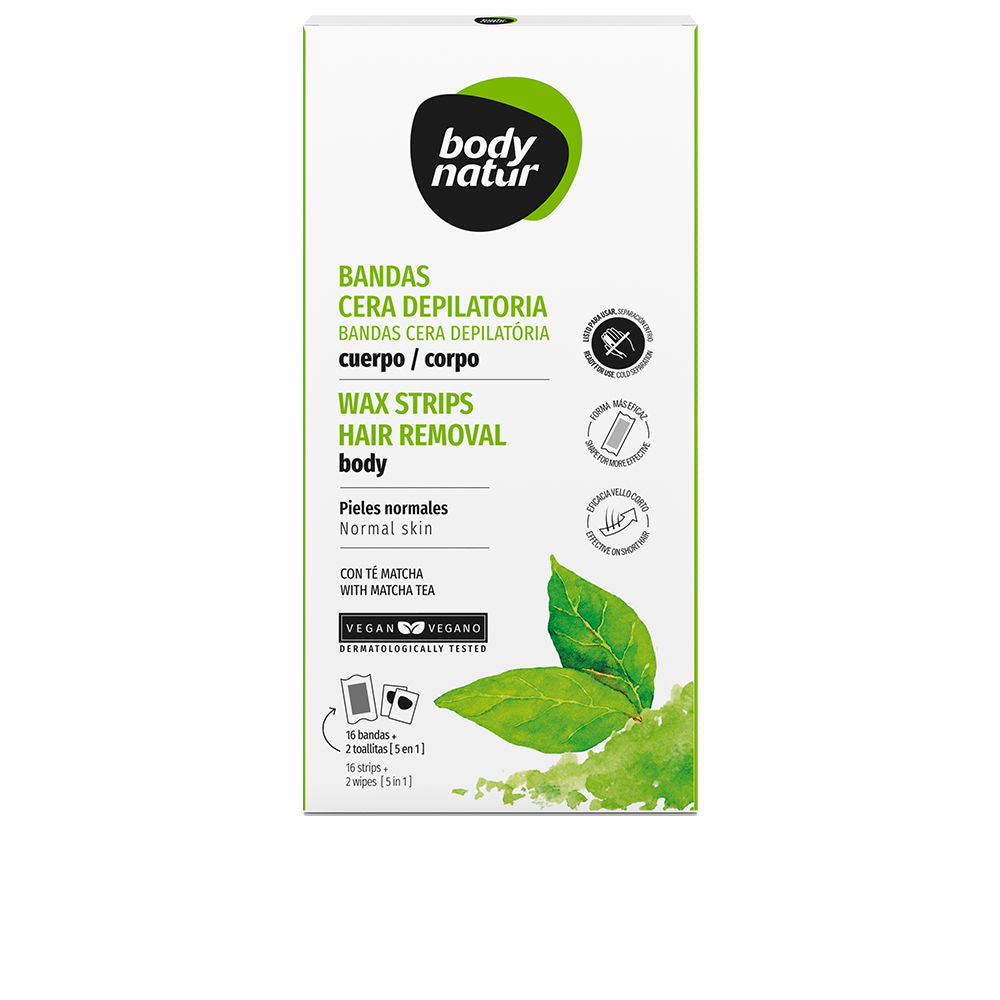 Body Natur White rectangular box of wax strips with green leaf illustration, black logo atop, minimalist natural design.